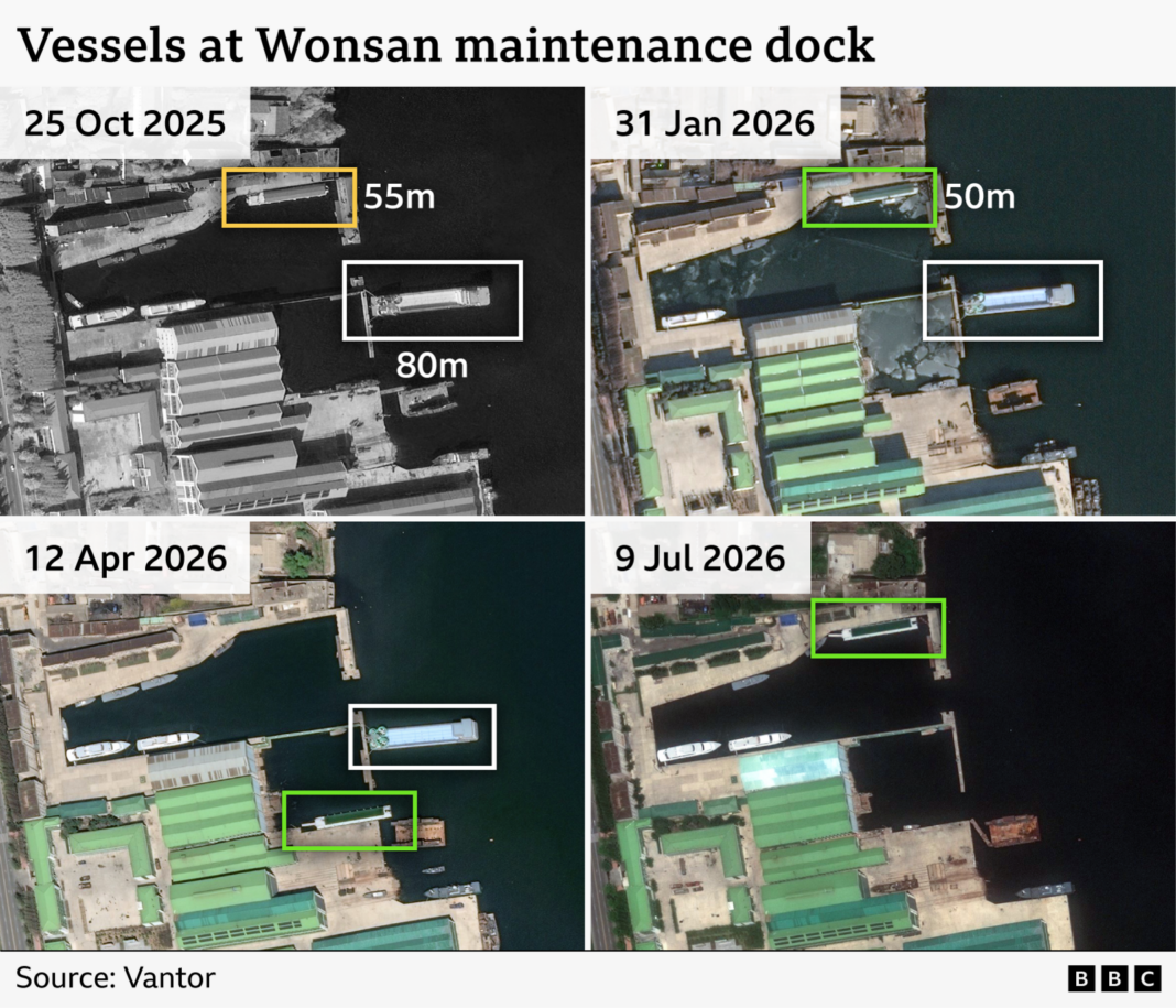 A graphic showing satellite images of vessels docked at the Wonsan maintenance dock in a 2×2 grid. The images are dated, clockwise from the top left, 24 October 2025, 31 January 2026, 9 July 2026 and 12 April 2026. The October 2025 image shows vessels measuring approximately 55m and 80m long. The January and April 2026 images show vessels measuring 50m and 80m, while the July 2026 image shows only the 50m vessel.