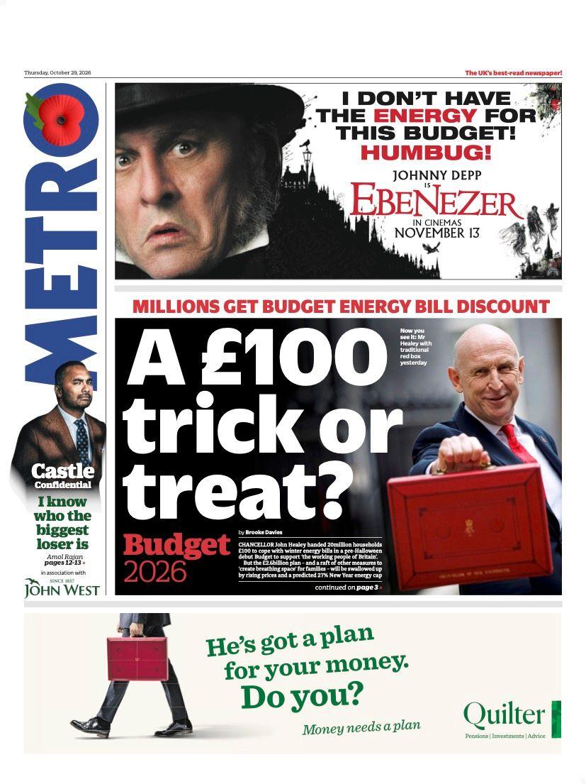The headline on the front page of the Metro reads: 'A £100 trick or treat?'