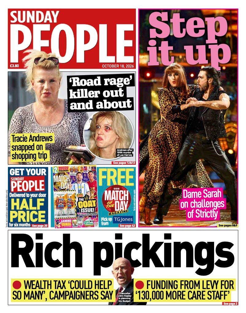 The headline on the front page of the Sunday People reads: “Rich pickings”.