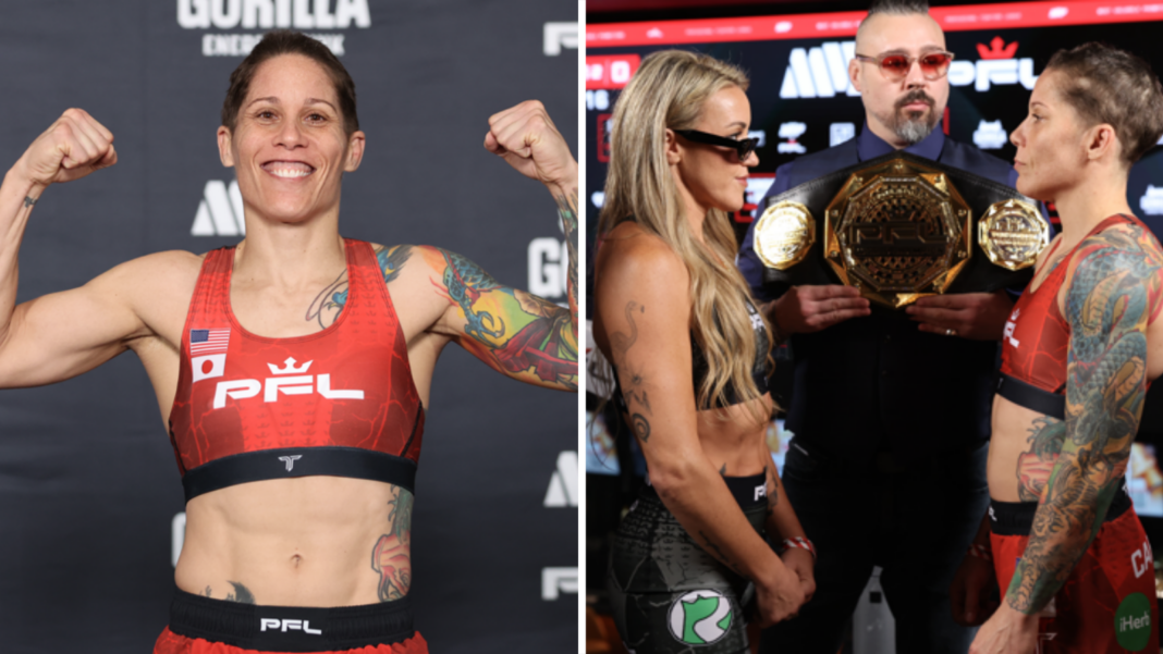 Split image of Liz Carmouche weighing in, showing bald patches on her head after a bad haircut