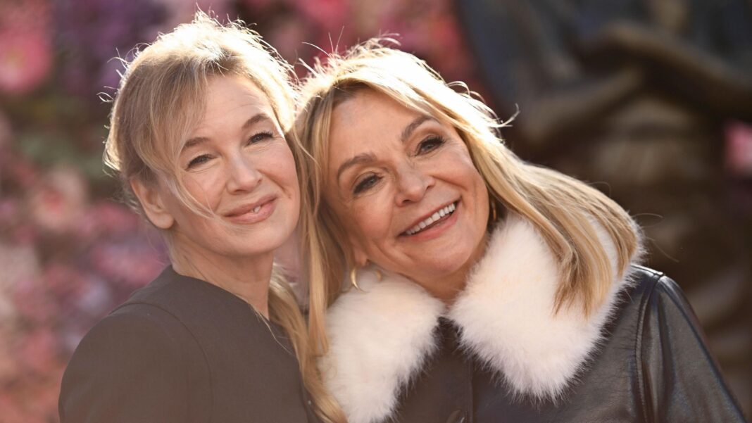 Renée Zellweger (left) and Helen Fielding pictured together while attending the Bridget Jones Scenes in the Square statue unveiling at Leicester Square, London in 2025