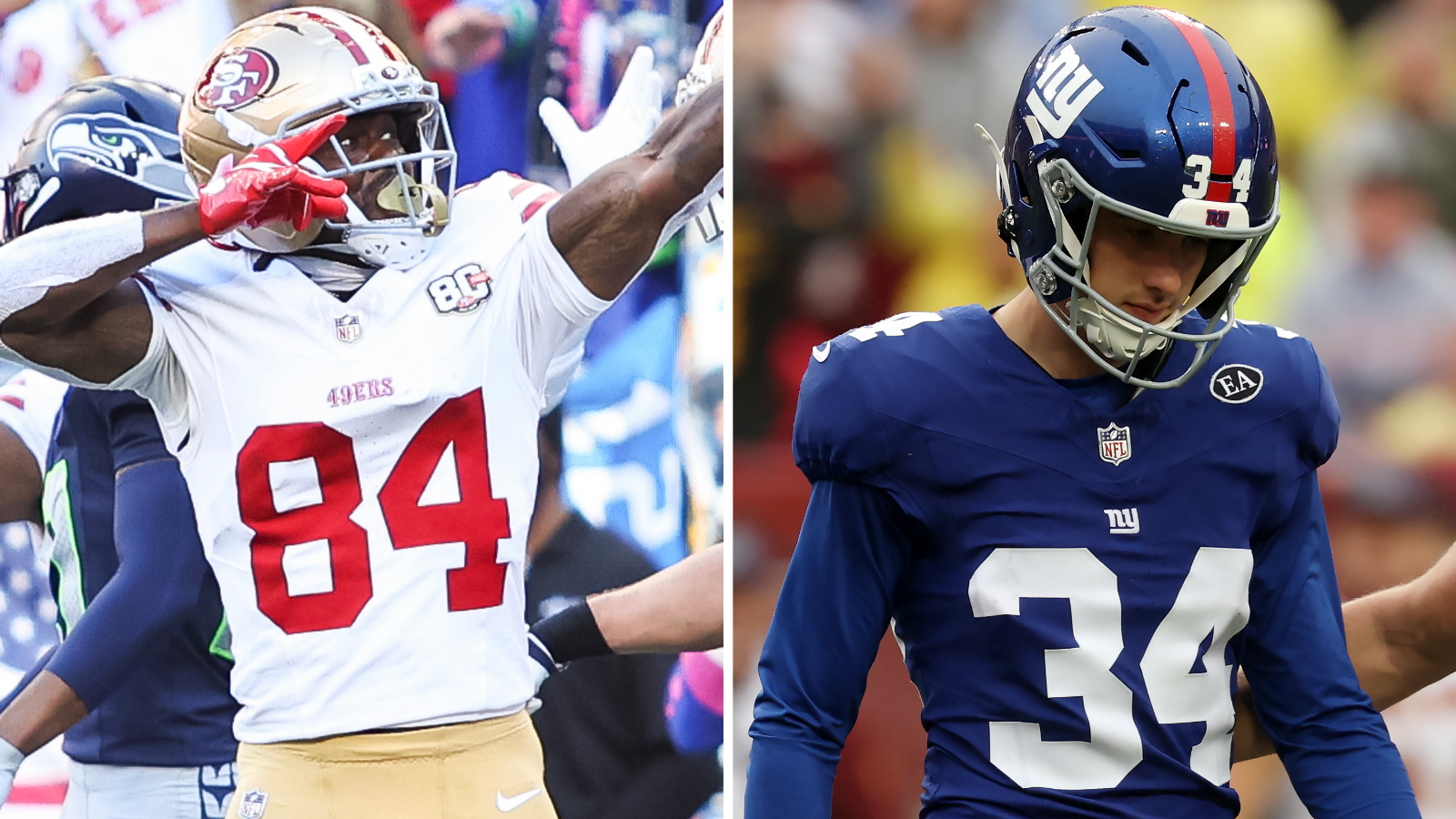 A split photo of San Francisco 49ers wide receiver Brandin Cooks celebrating and New York Giants kicker Dominic Zvada looking down