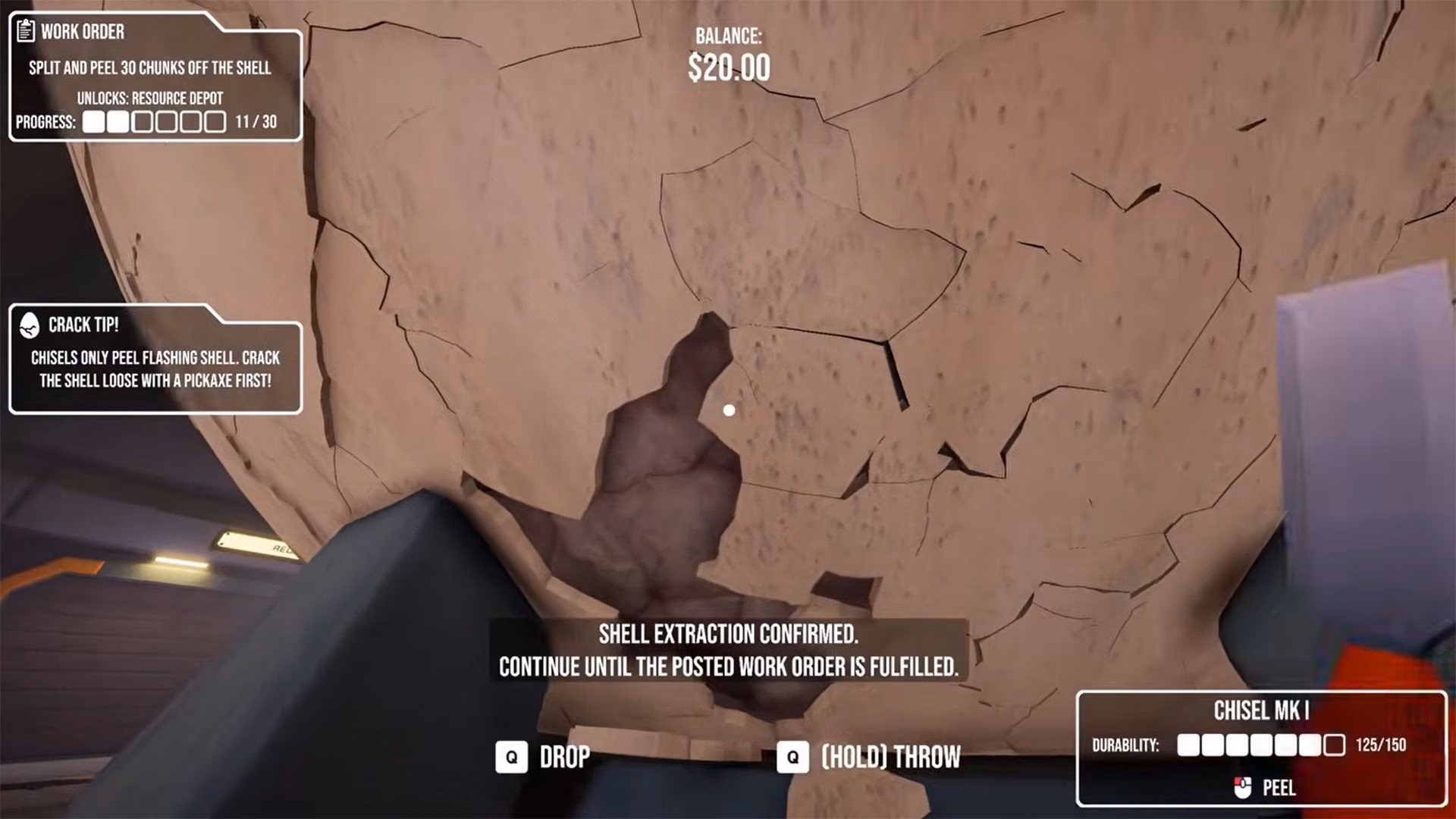 Use the pickaxe and chisel to break the outer shell (Image via Rafoli)