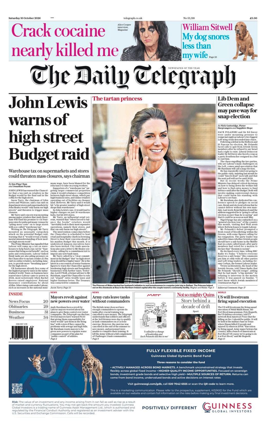 The headline on the front page of the Daily Telegraph reads: “John Lewis warns of high street Budget raid”.