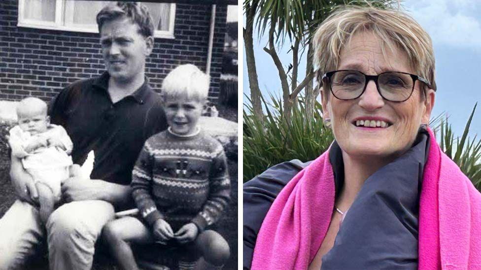 Two photos side by side. On the left is a black and white photo of Rachel's dad sat outside a bricked house holding her as a baby and her brother Ian aged about five sitting next to him. The photograph on the right shows Rachel standing outdoors in a landscaped coastal setting. Rachel is wearing glasses, a dark puffer jacket and a bright pink scarf draped around the neck. Behind Rachel are palm-like trees, shrubs and a view of the sea beneath a cloudy sky. The photograph is taken at close range, with Rachel positioned in the centre of the frame and the coastal scenery visible in the background.