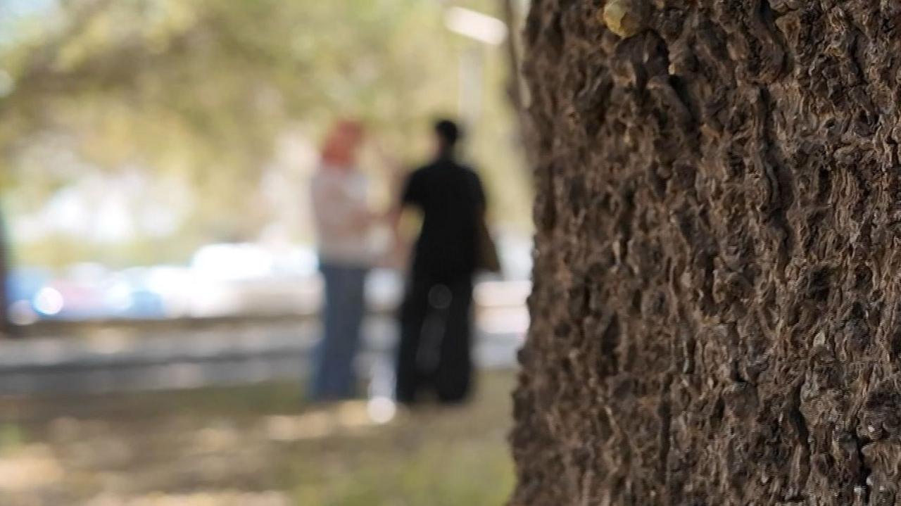 Wide shot of Samira - whose name has been changed - speaking to the BBC's Sally Nabil in a park. The women are out of focus in order to conceal Samira's identity, while a tree trunk in the foreground is in focus. Samira is wearing black, while Nabil is wearing a light top and orange headscarf.