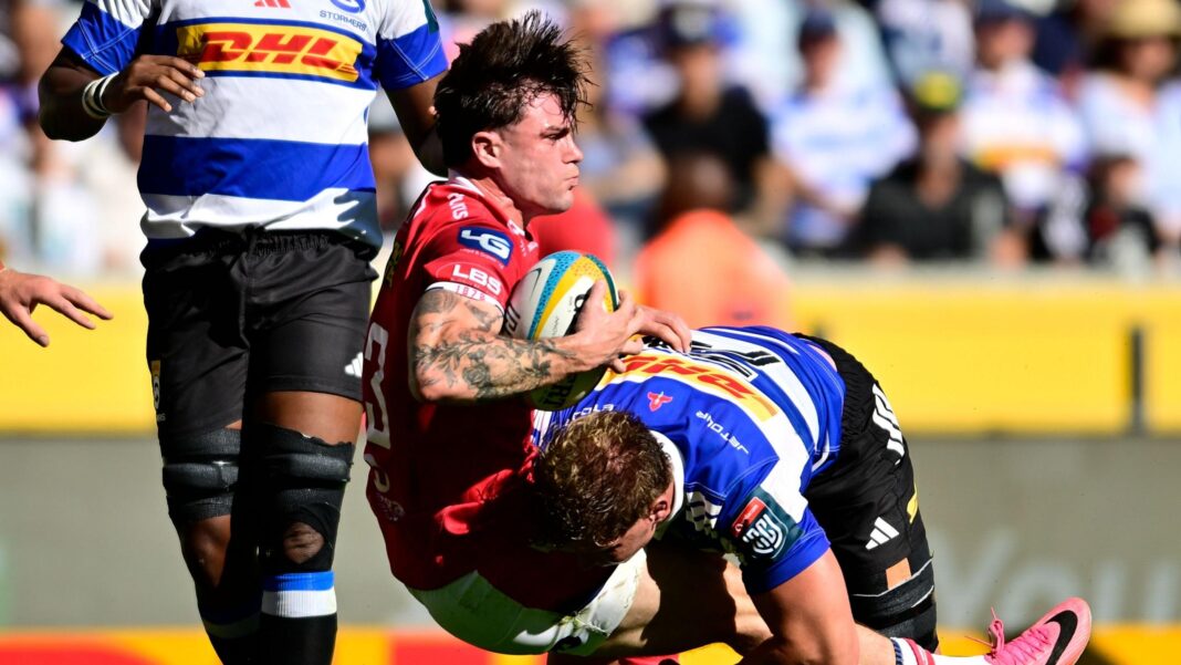 Scarlets centre Joe Roberts is tackled against Stormers