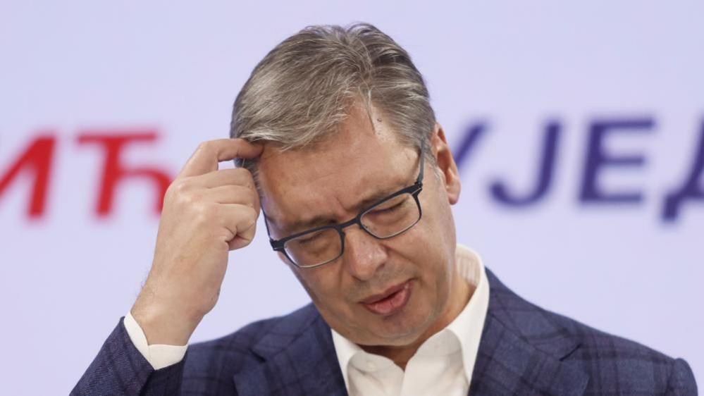 Serbian Progressive Party (SNS) prime ministerial candidate Aleksandar Vucic reacts after conceding defeat during a press conference at the party headquarters in Belgrade, Serbia, 25 October 2026. Roughly 6.5 million eligible voters were called to the polls in a snap parliamentary election to choose lawmakers for a four-year term.