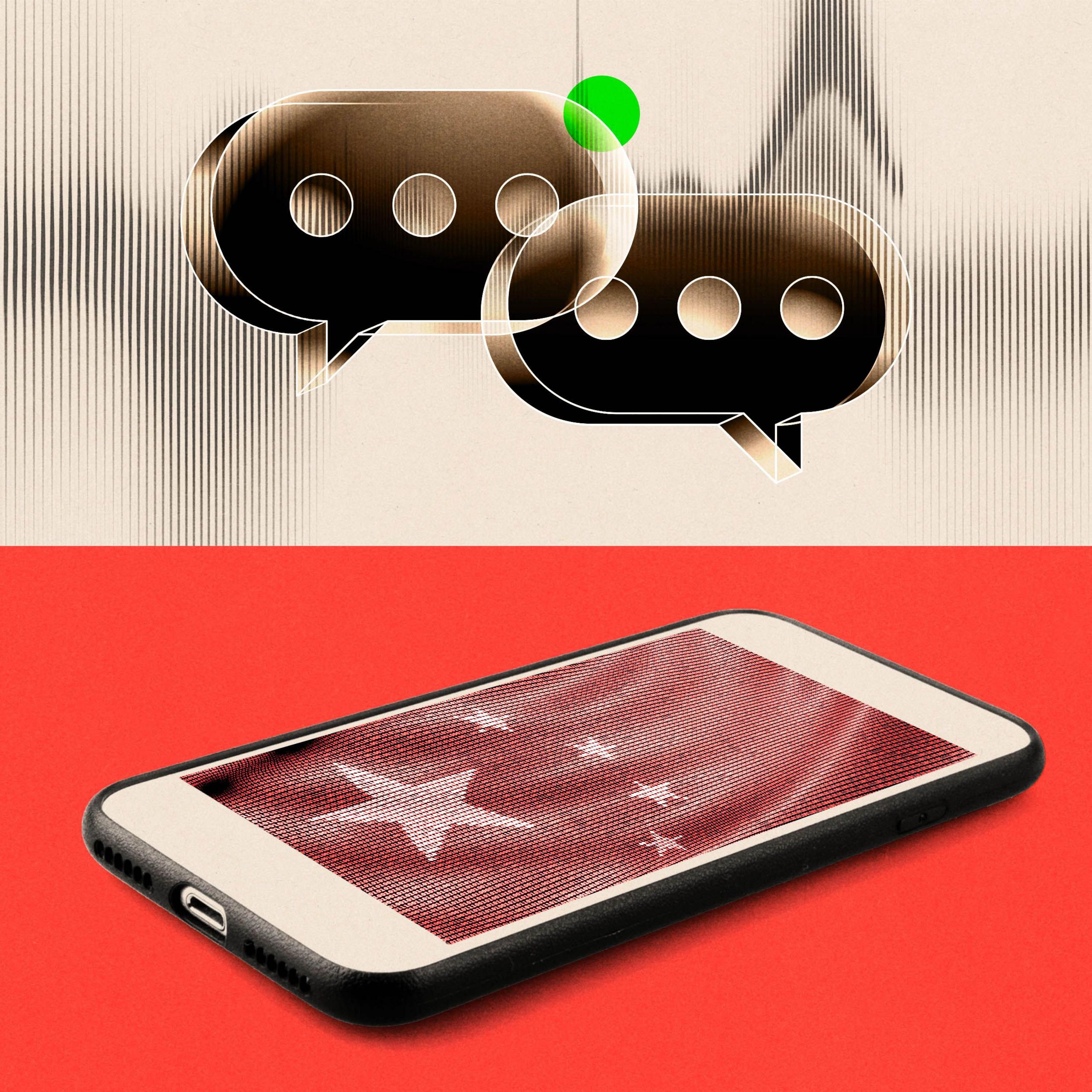 A treated image showing chat bubbles in the top segment, and a smartphone with a Chinese flag on the screen in the bottom segment