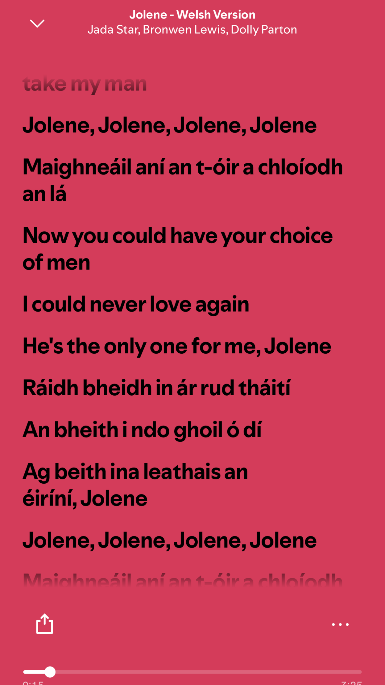 A screenshot of lyrics for Jolene are pictured on Spotify, in a mixture of English and Irish.