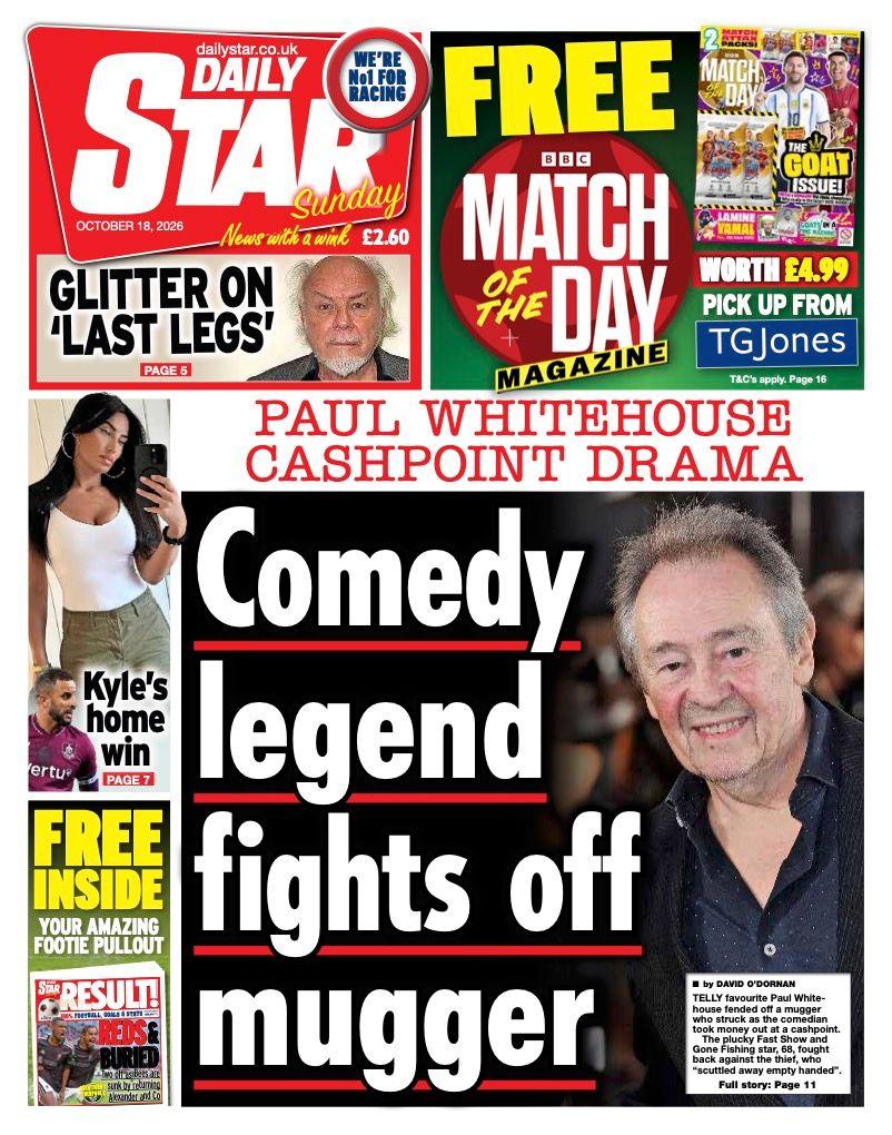 The headline on the front page of the Daily Star reads: “Comedy legend fights off mugger”.