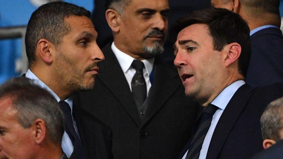 Man City chairman Khaldoon Al Mubarak (left) chats to Andy Burnham in 2019 at the Etihad Stadium when he was mayor of Greater Manchester.