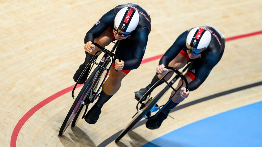 Sophie Capewell and Emma Finucane of Team Great Britain compete during the Women's Team Sprint Final in Paris 2024