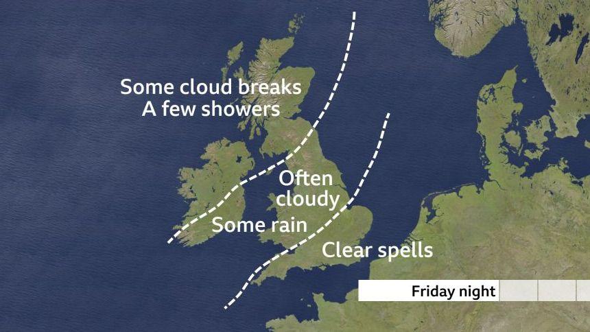 A map of the UK is split into three sections, with Clear spells written over southern parts of the UK, Often cloudy and Some rain over central and northern parts and Some cloud breaks and A few showers over Scotland and Northern Ireland.
