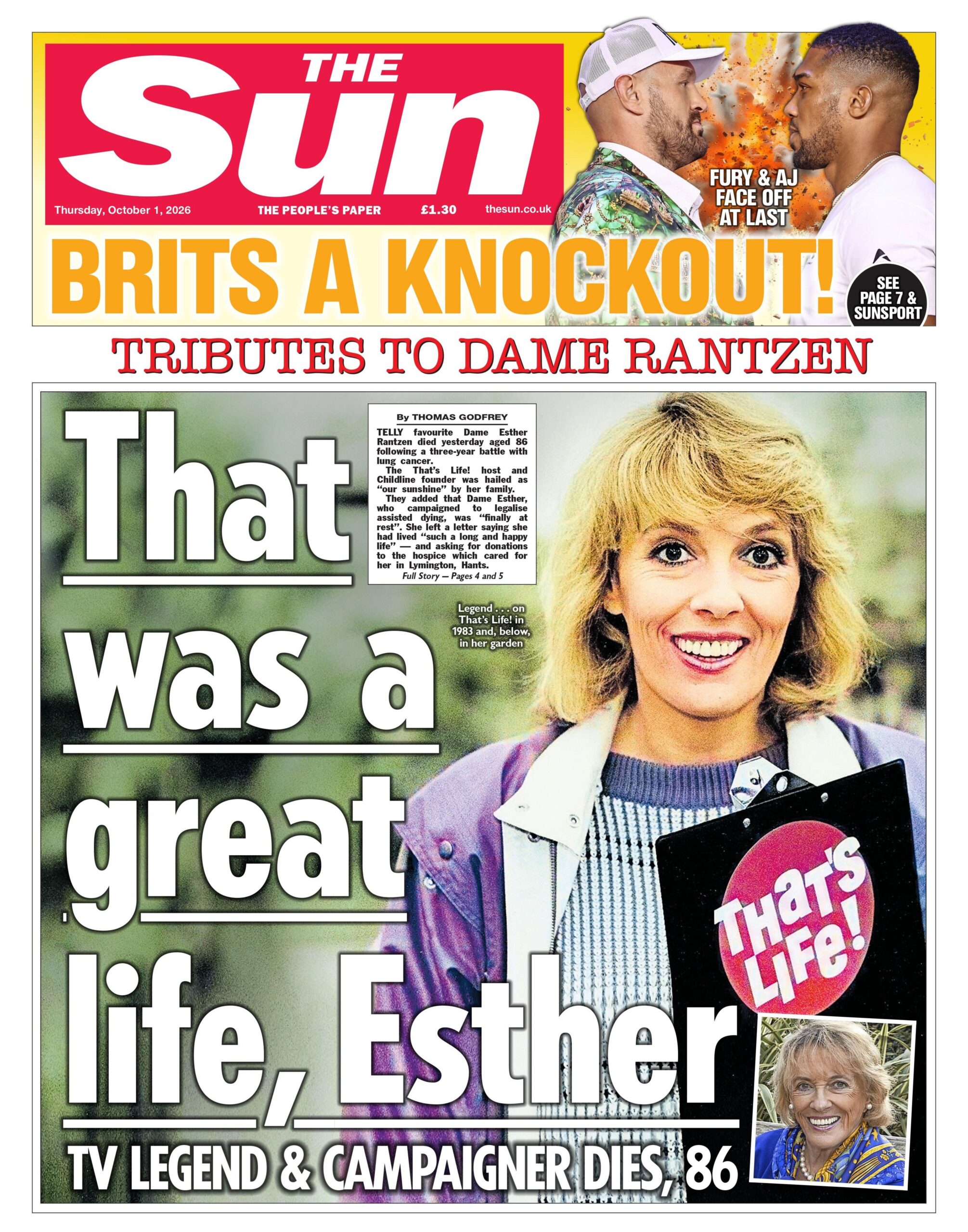 The headline on the front page of the Sun reads: “That was a great life, Esther”.