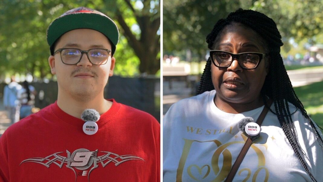 A split screen: A man in red shirt on the left, and a woman in a white shirt on the right.