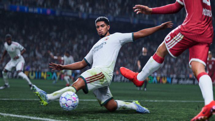 A screenshot from EA's EA FC 27, showing England's Jude Bellingham in white on the football pitch, saving a pass from the opposing team in red.