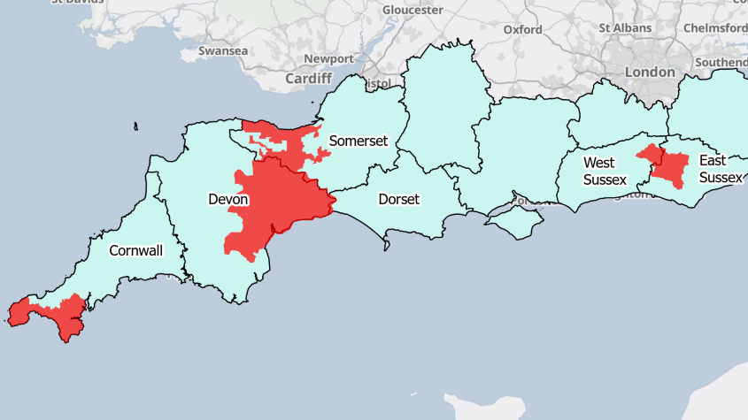 Map showing areas of severe drought - parts of Cornwall, Devon, Somerset and West Sussex and East Sussex are coloured red
