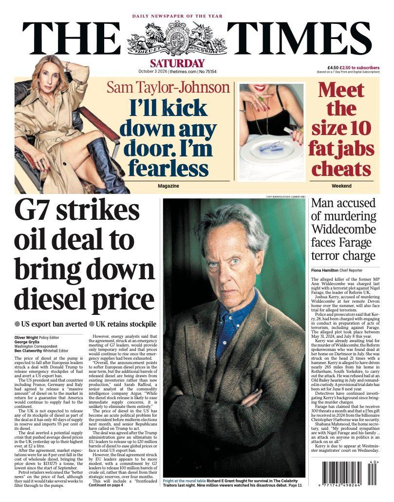 The headline on the front page of the Times reads: 'G7 strikes oil deal to bring down diesel price.'