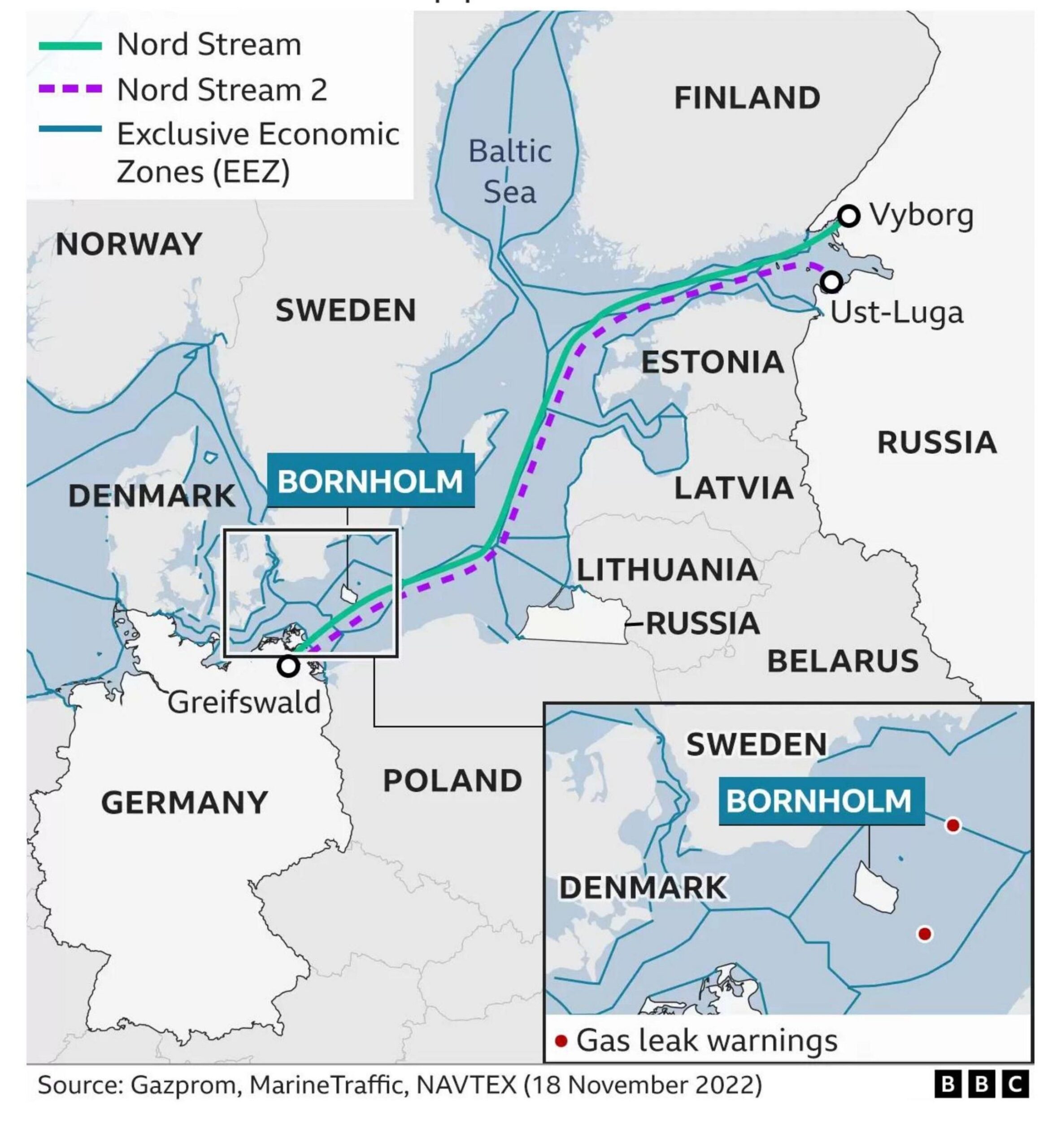 A map showing Nord Stream pipelines running through Europe