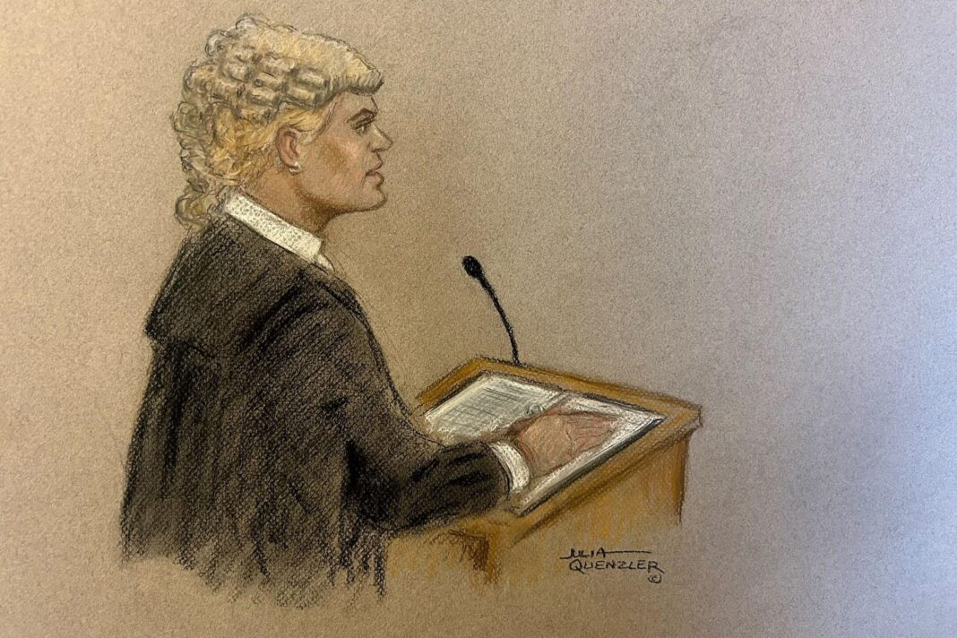 Russell Brand tells trial sexual consent is ‘fundamental’ Court sketch of Prosecutor Riel Karmy-Jones KC in Russell Brand trial at Southwark Crown Court.