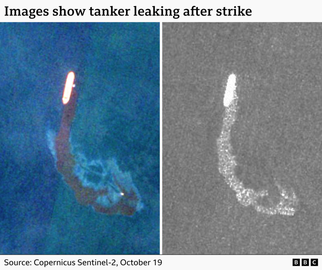 Side-by-side satellite images of a tanker at sea on 19 October. The left image, in colour, shows a dark plume trailing from the vessel and spreading into a curved slick behind it. The right radar image shows the same tanker with a long curved trail extending from its stern, indicating a leak after a strike. Source: Copernicus Sentinel-2.