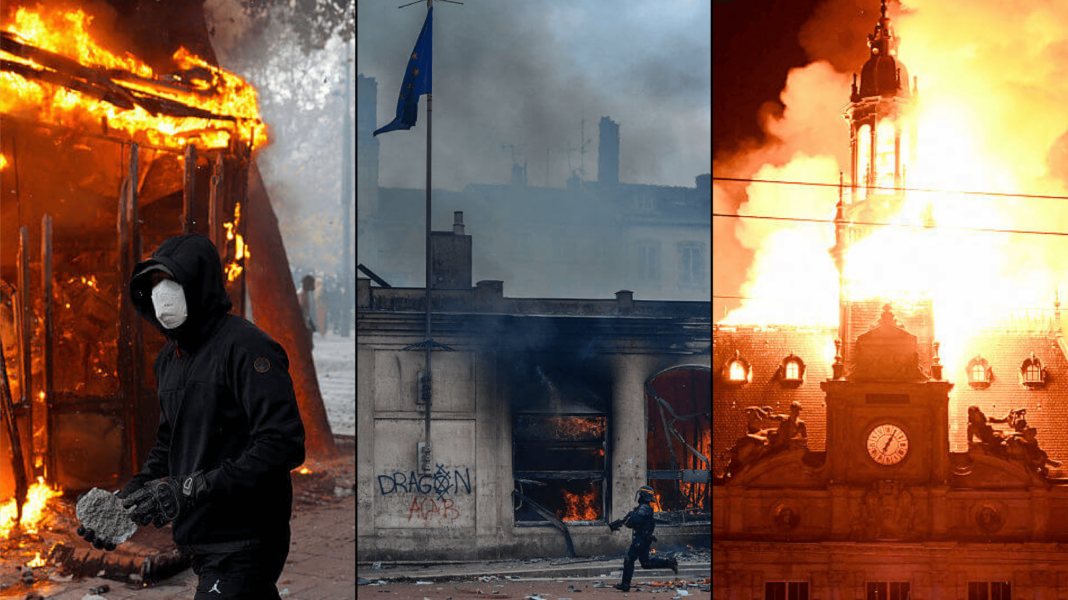 French cities calm overnight after curfews imposed to quell violence, PM says Three images of buildings on fire during protests in France