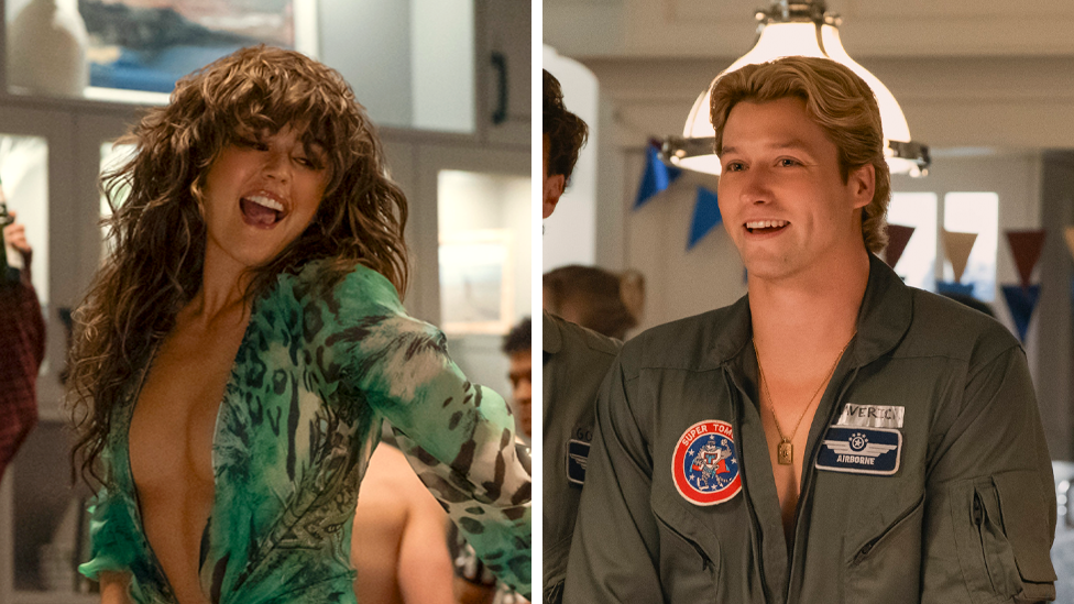 A two-way composite image shows on the left Allie dancing while dressed in a green dress and curly hair, and on the right Dean smiling towards camera while at the party dressed in a fighter pilot's outfit with Top Gun badges on.