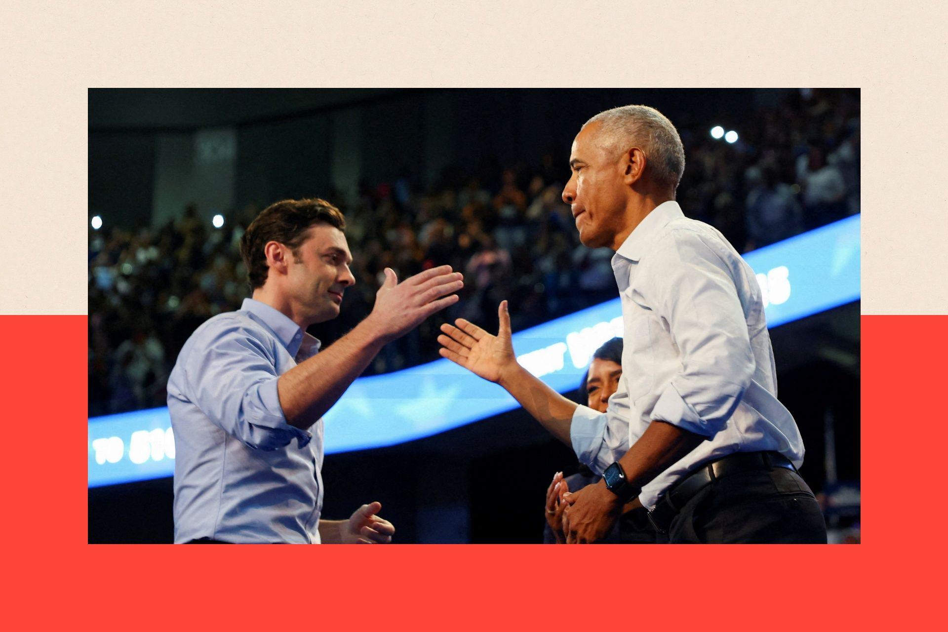 Jon Ossoff and Barack Obama high five on stage at a rally
