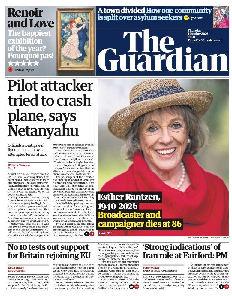 The headline on the front page of the Guardian reads: “Pilot attacker tried to crash plane, says Netanyahu”.