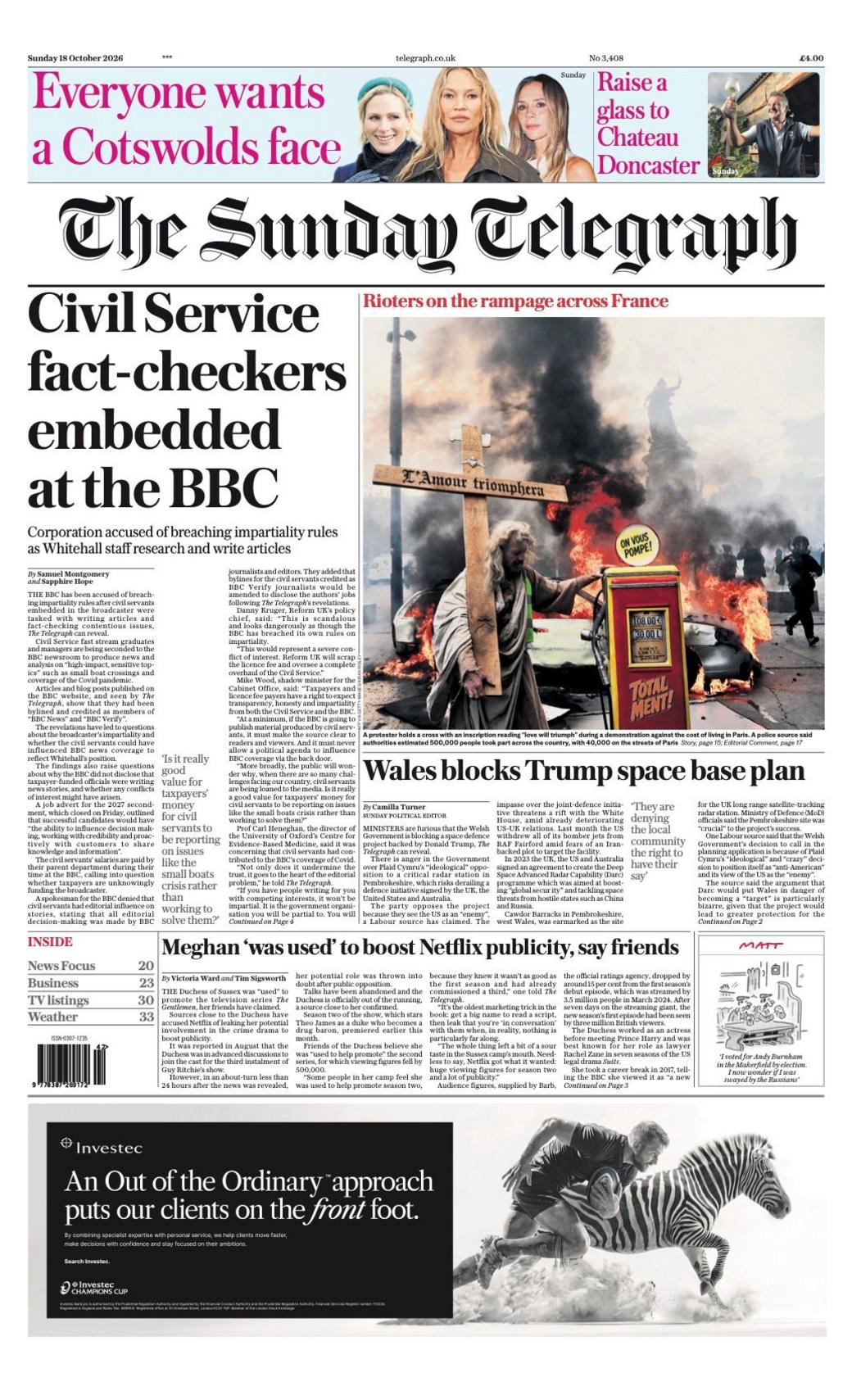The headline on the front page of the Sunday Telegraph reads: “Civil Service fact-checkers embedded at the BBC”.