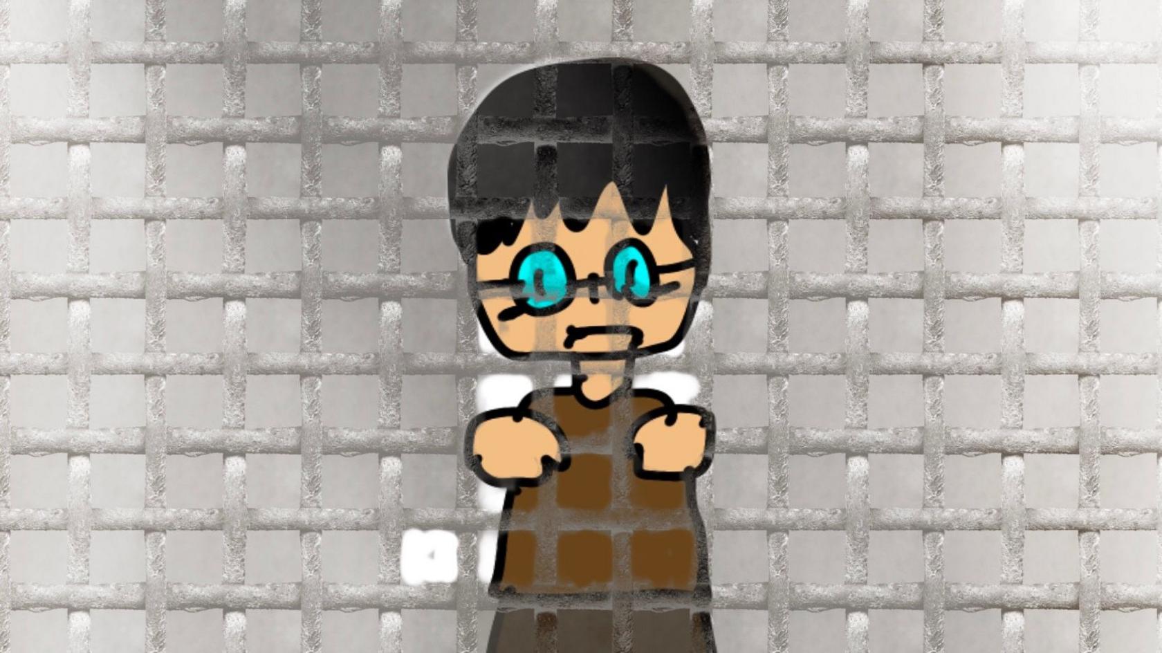 A drawing of Arnon Nampa looking through prison bars.
