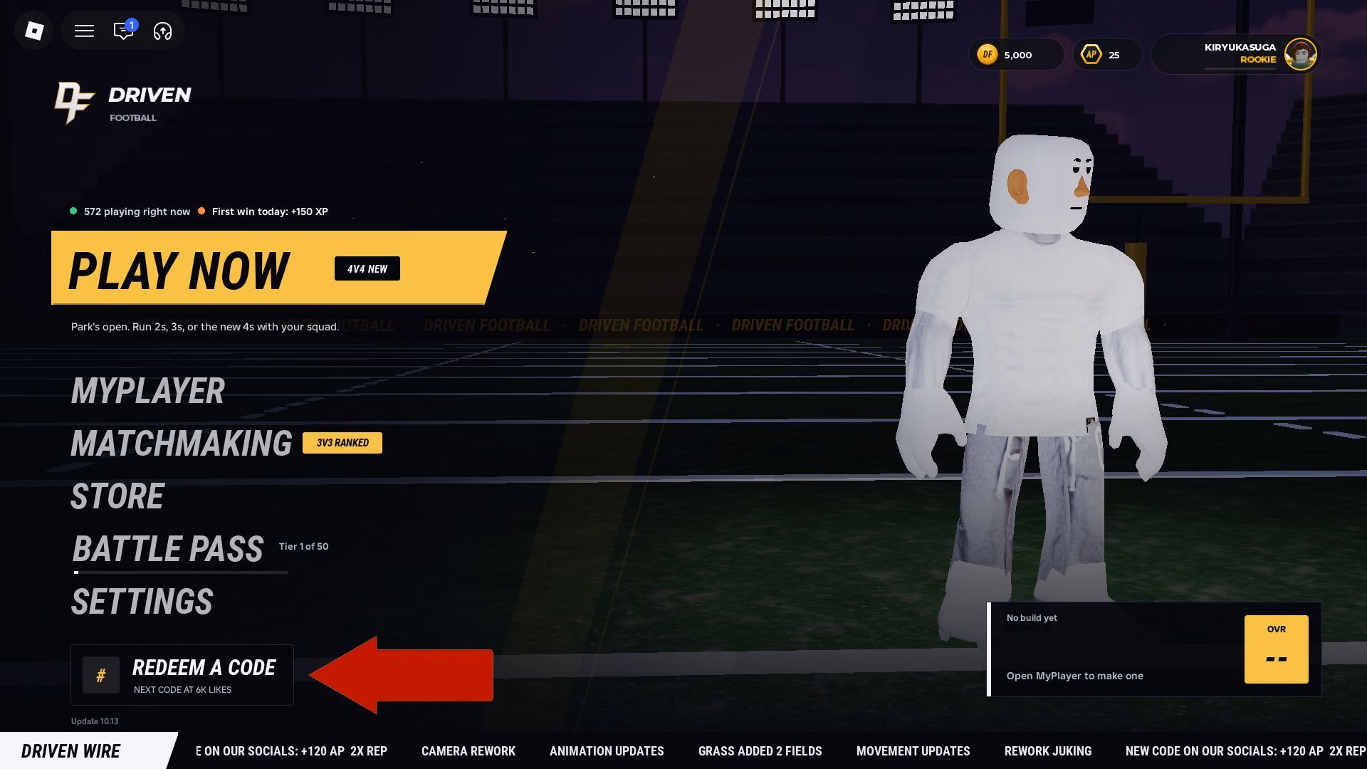 How to redeem codes in Driven Football (Image via Roblox || Sportskeeda)