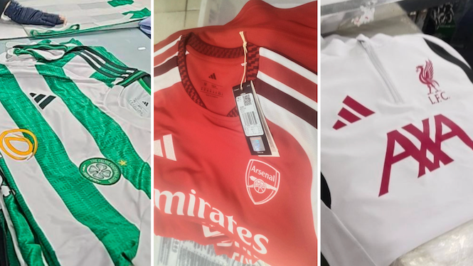 Photos of a Celtic shirt, an Arsenal shirt and a Liverpool training top inside Cambodian factories.