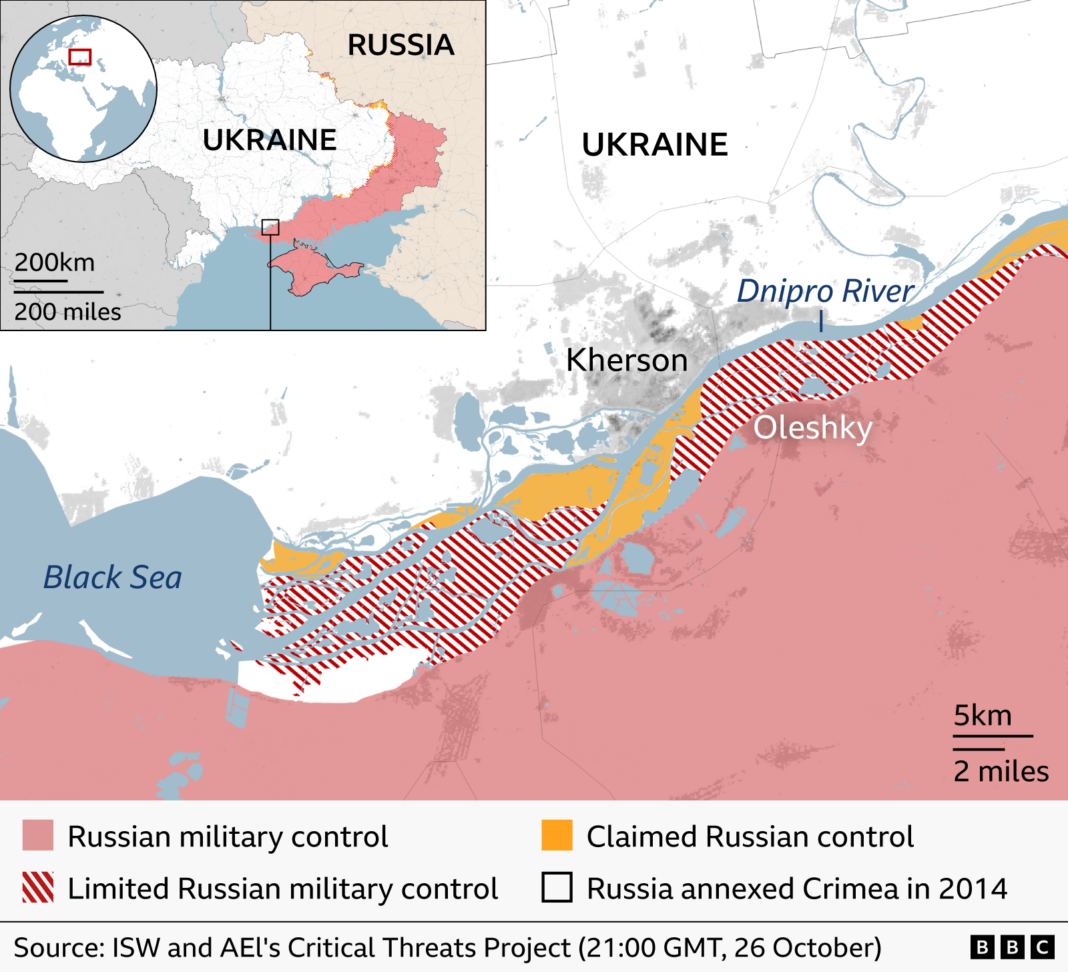Truce begins in Ukraine city where residents ate weeds to survive Map of the front line in Ukraine's Kherson region. Ukrainian-held Kherson lies north of the Dnipro River, while Russian-controlled territory extends south towards occupied Crimea. A striped zone around Oleshky along the river's southern bank indicates limited Russian military control, with smaller areas marked as claimed Russian control. An inset map shows the wider area in southern Ukraine.