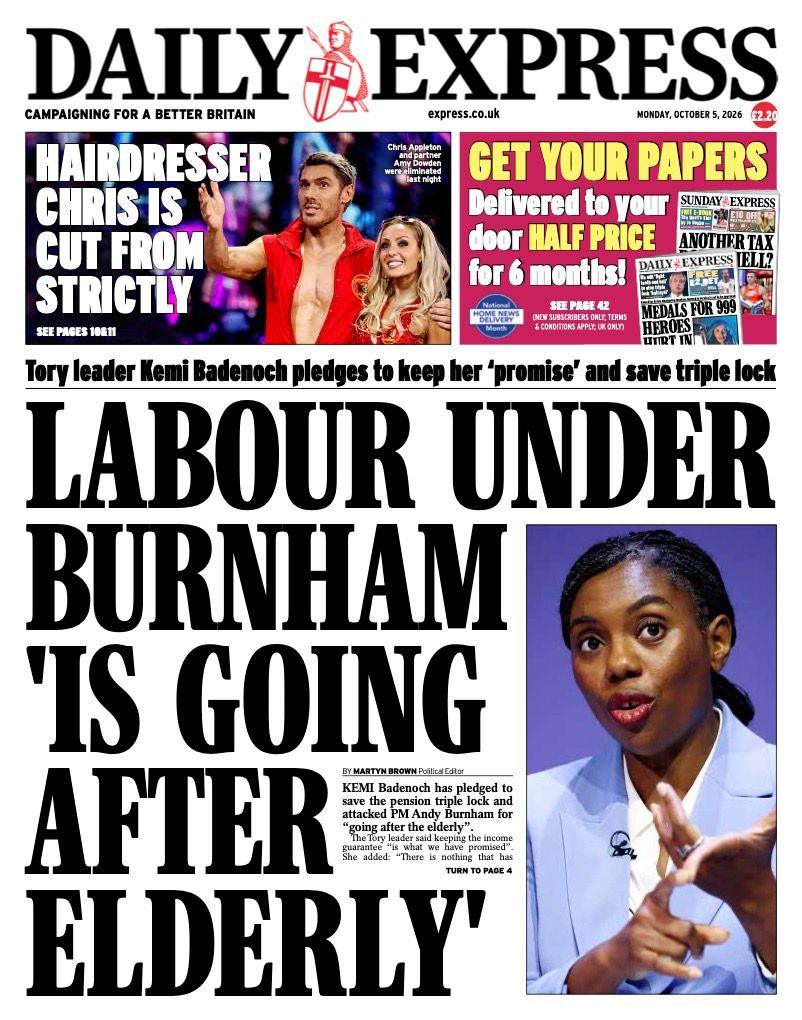 The headline on the front page of the Daily Express reads: "Labour under Burnham 'is going after the elderly'".