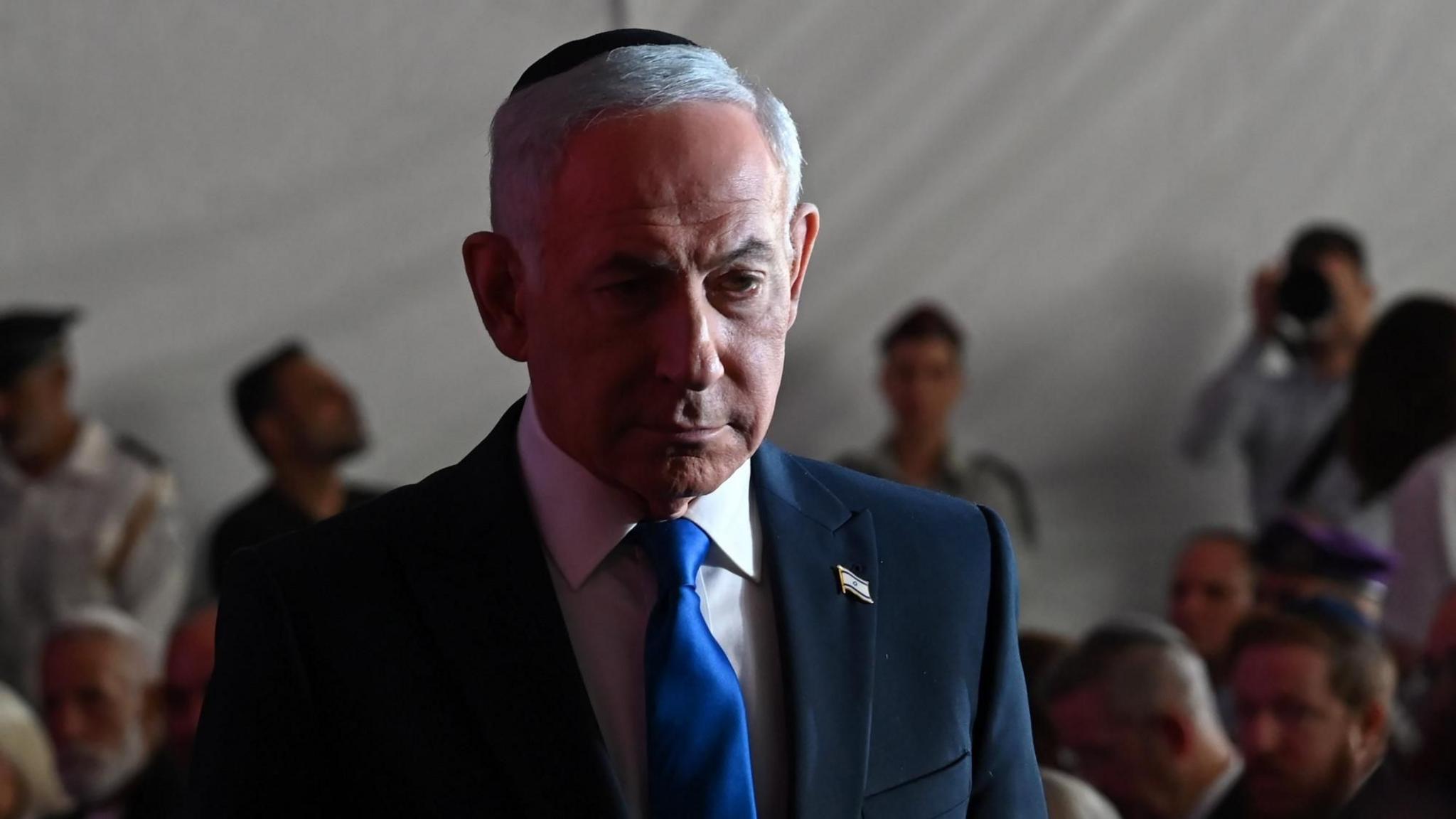 Israeli Prime Minister Benjamin Netanyahu attends a state memorial ceremony for the victims of the 7 October 2023 attacks on Israel, at Mount Herzl in Jerusalem (5 October 2026)