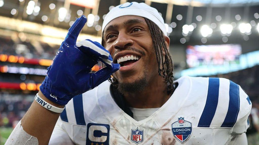 Jonathan Taylor celebrates after the Indianapolis Colts' win over the Washington Commanders in London in October 2026