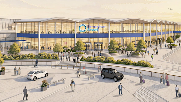 An artist's impression of the revamped airport. The drawing includes the front of the airport, which has glass and windows and the Birmingham Airport sign and cars and people outside it.