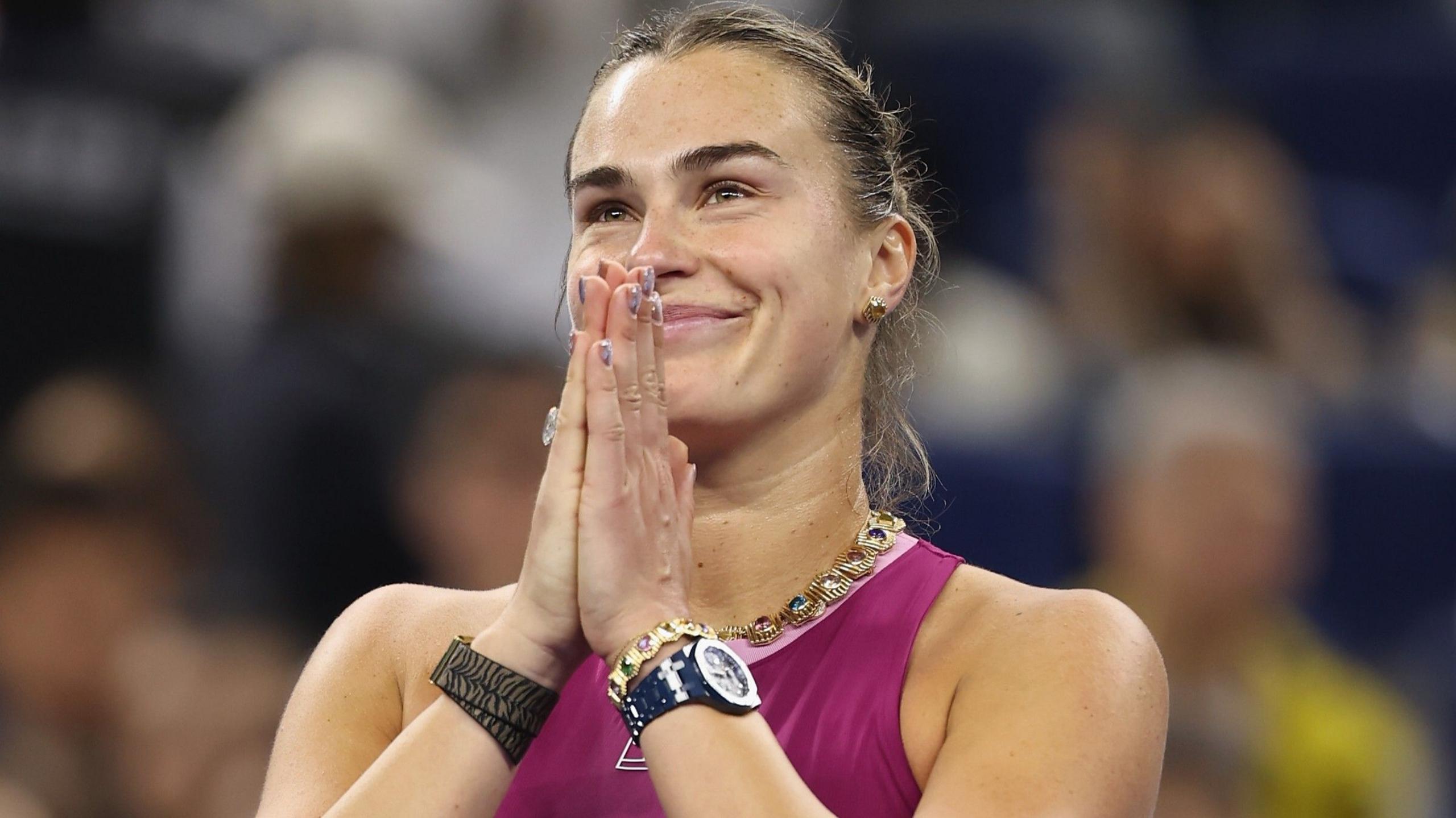 Aryna Sabalenka thanks the crowd in Beijing after her victory over Renata Zarazua