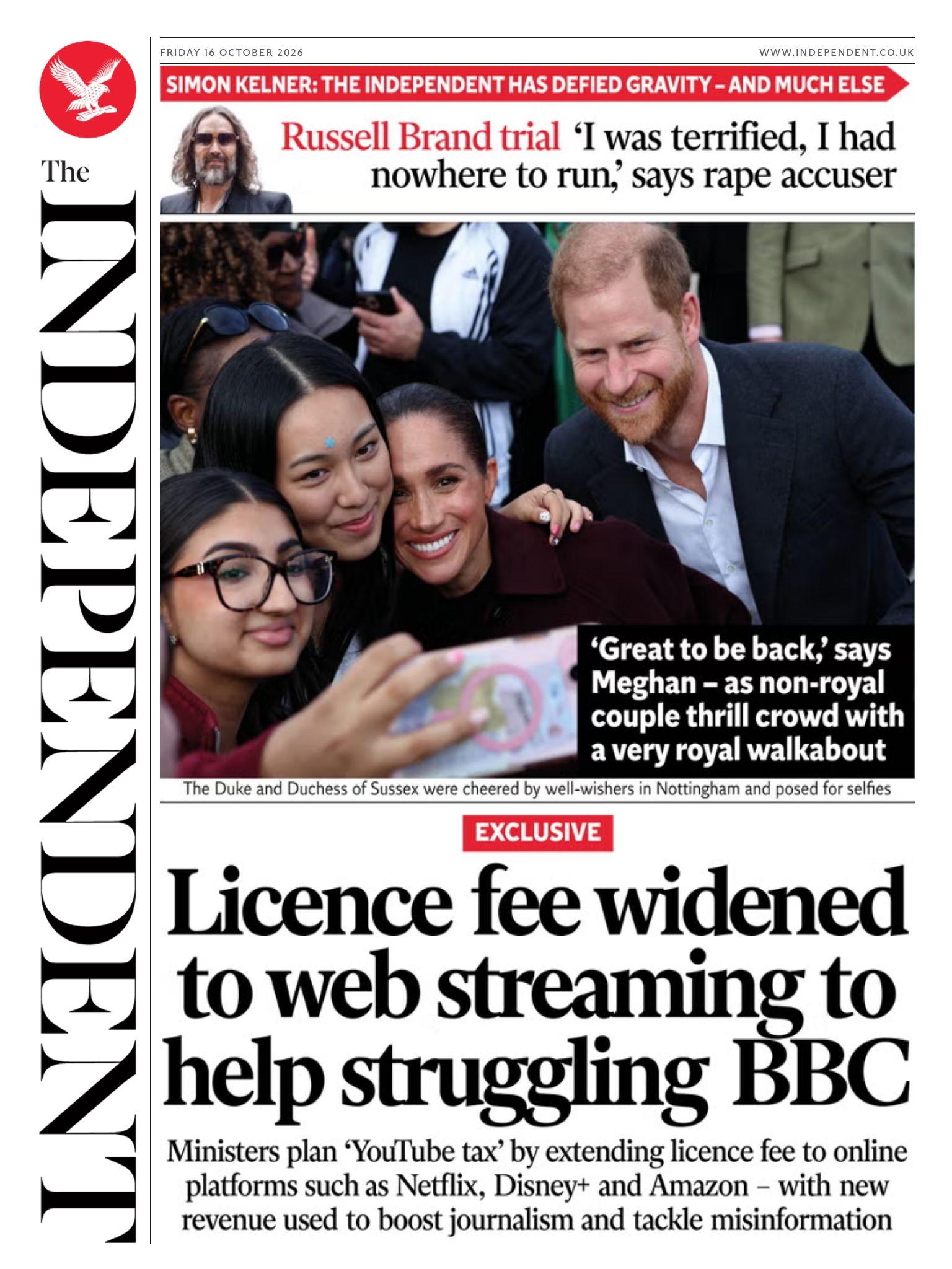 The headline on the front page of the Independent reads: 'Licence fee widened to web streaming to help struggling BBC.'