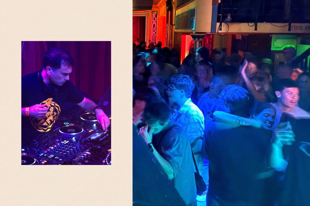Left: Ros Atkins at a turntable. Right: a crowd