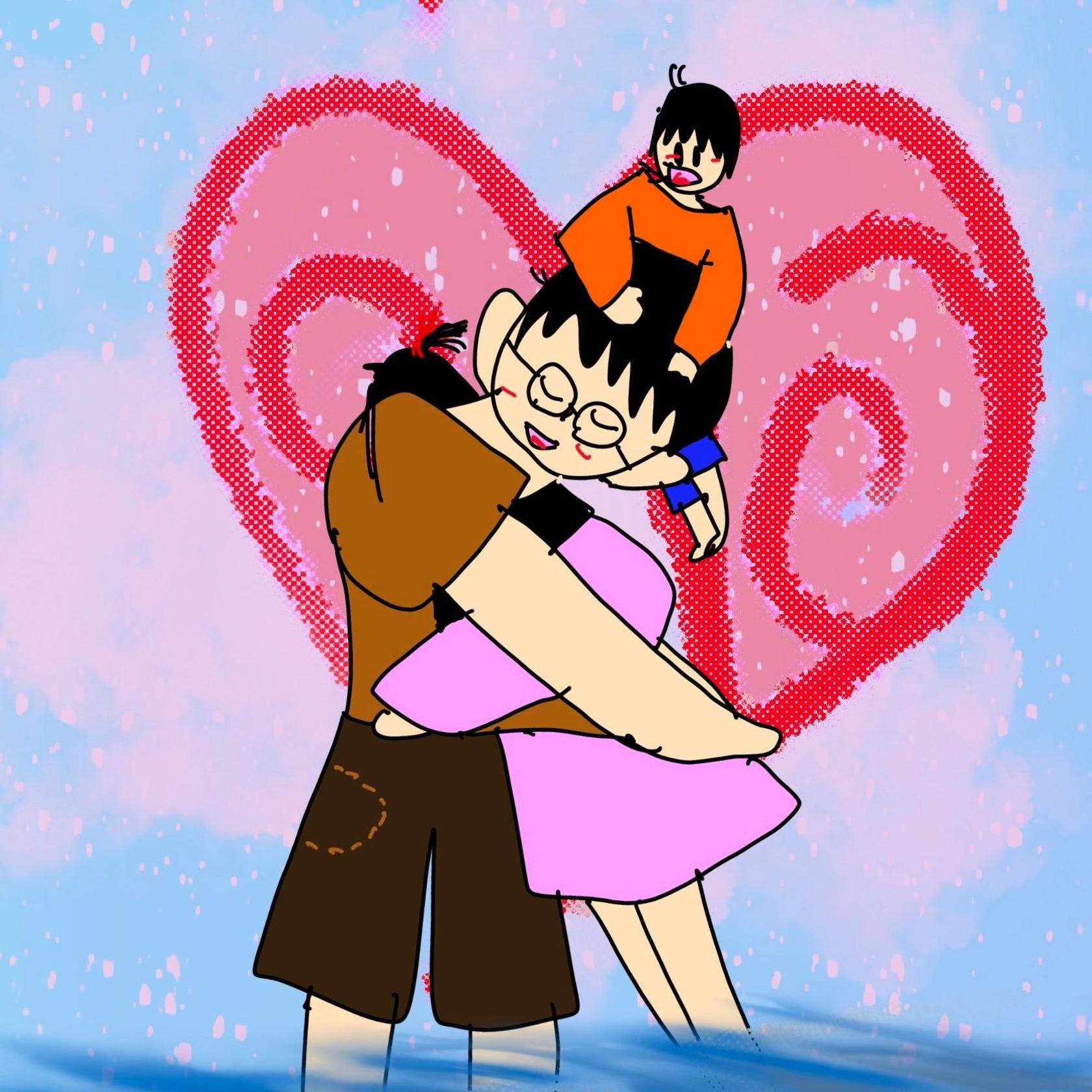 A reunion of Arnon's family, as drawn by his daughter, with a giant heart in the background