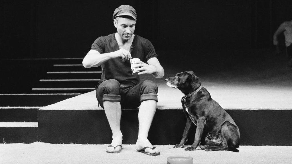 Sir Patrick on stage with a dog that he is feeding