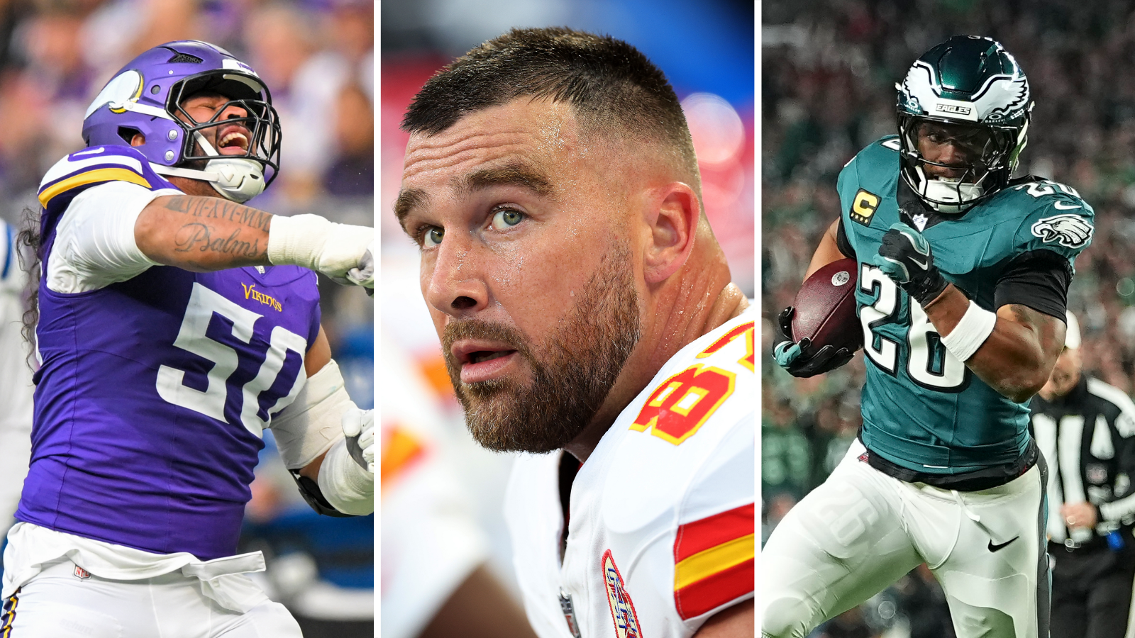 Split image of Levi Drake Rodriguez of the Minnesota Vikings celebrate, Travis Kelce of the Kansas City Chiefs looking disappointed, Saquon Barkley of the Philadelphia Eagles running with the ball