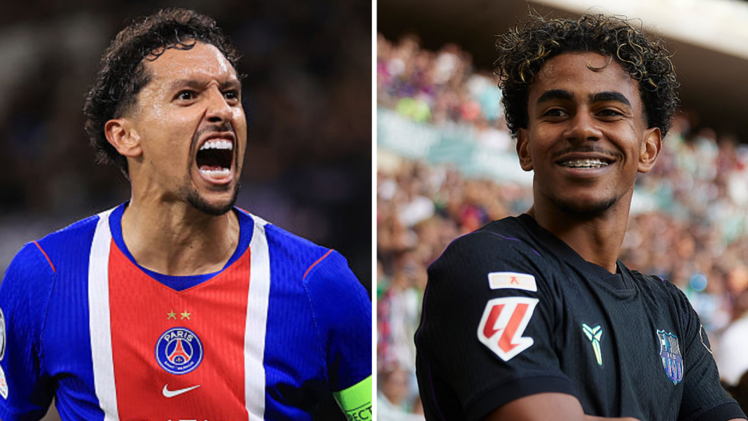 A split picture of Marquinhos and Lamine Yamal