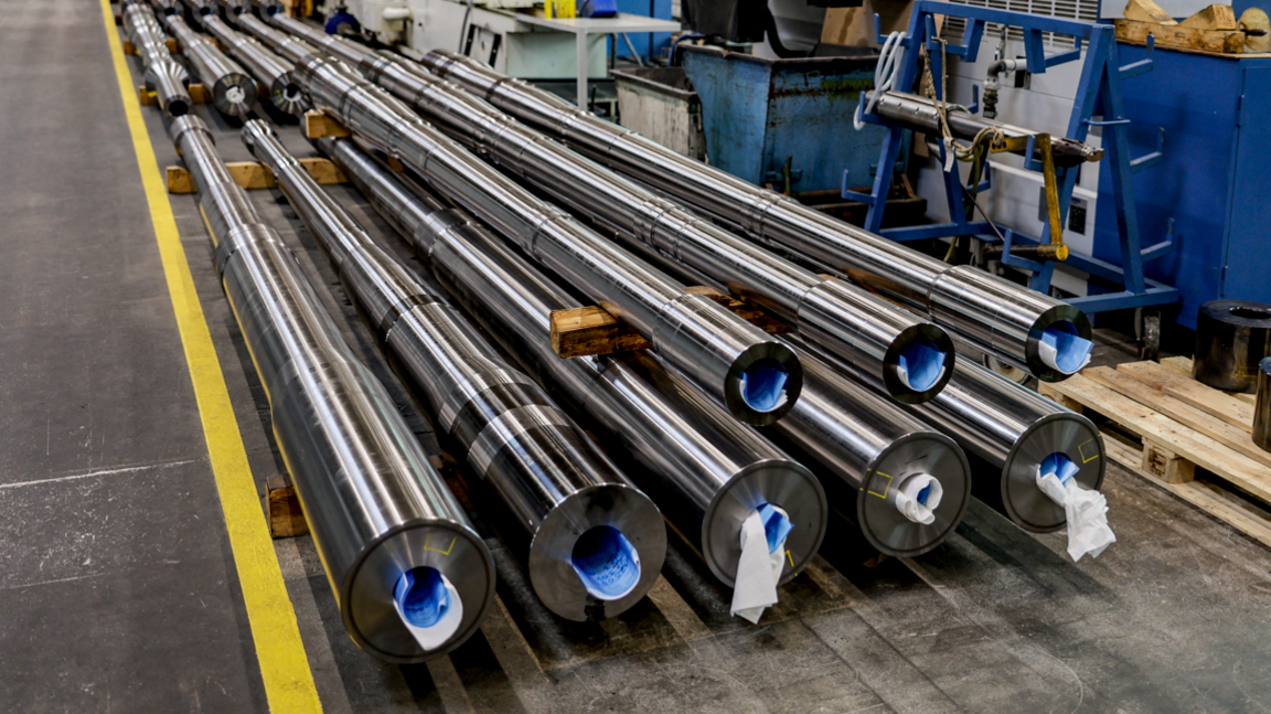 A large pile of silver metallic cylinders stacked up on a hard factory floor