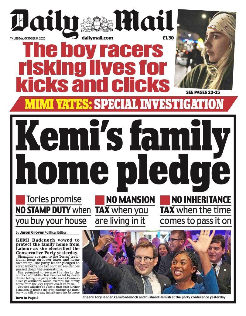 "Kemi's family home pledge" reads the headline on the front page of the Daily Mail.