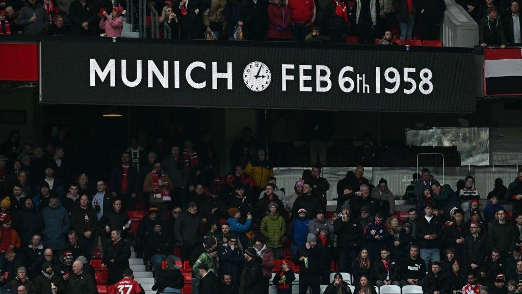 A sign showing the time and date of the Munich aeroplane crash at Old Trafford football ground. Skipper Roger Byrne, England internationals Tommy Taylor and Duncan Edwards, plus Geoff Bent, Eddie Colman, Mark Jones, David Pegg and Billy Whelan were the Manchester United players killed