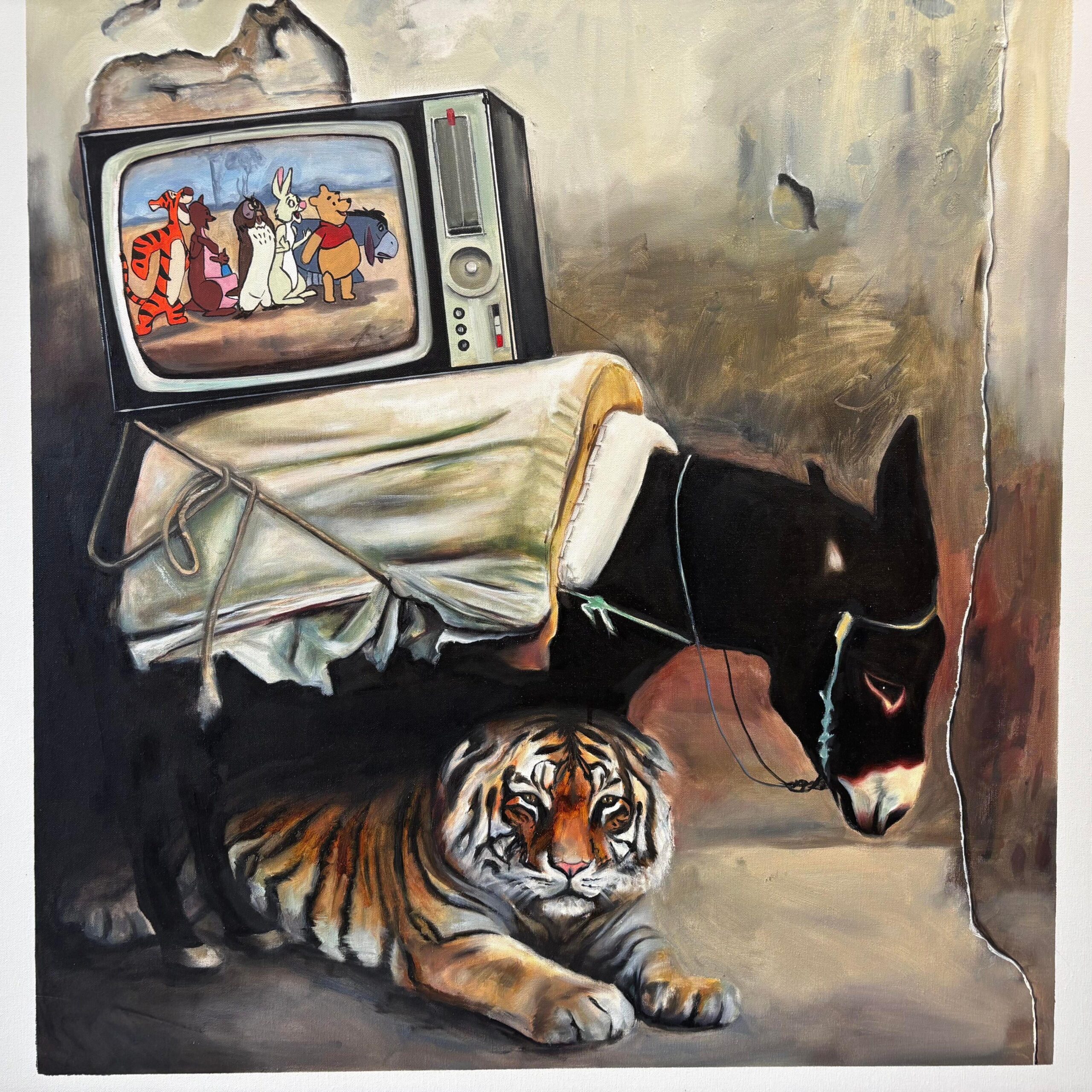 A painting of a tiger below a donkey which is carrying a TV showing Winnie the Pooh.